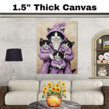 Mother Cat and Kittens in Purple Heart Pajamas Whimsical Tuxedo Cat Family Artwork for Cozy Decor and Cat Lovers Gift Ideas on Ready to Hang 1.5" Thick Canvas Wrap, Floating Framed Canvas, Flat Rolled Canvas