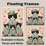 Mother Tuxedo Cat and Kittens in Matching Pajamas Black and White Cat Family Portrait with Hearts on Ready to Hang 1.5" Thick Canvas Wrap, Floating Framed Canvas, Flat Rolled Canvas