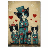 Charming Oil Painting of Mother Cat and Kittens in Blue Outfits with Red Bows and Roses on Cream Background for Cat Art Lovers on Ready to Hang 1.5" Thick Canvas Wrap, Floating Framed Canvas, Flat Rolled Canvas