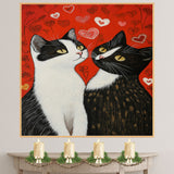 Romantic Cat Couple Against Red Heart Background Charming Tuxedo Cats Artwork for Valentine's Day and Cat Lovers Home Decor on Ready to Hang 1.5" Thick Canvas Wrap, Floating Framed Canvas, Flat Rolled Canvas