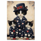 Mother Cat and Kittens in Elegant Navy Dresses with Red Hearts and Roses Whimsical Black and White Tuxedo Cat Family Portrait on Ready to Hang 1.5" Thick Canvas Wrap, Floating Framed Canvas, Flat Rolled Canvas