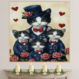 Mother Cat and Kittens in Elegant Purple Suits with Pink Roses and Hearts Whimsical Black and White Tuxedo Cat Family Portrait on Ready to Hang 1.5" Thick Canvas Wrap, Floating Framed Canvas, Flat Rolled Canvas