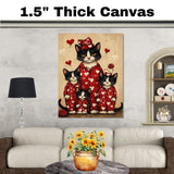 Tuxedo Cat Mother and Kittens in Red Heart Pajamas Black and White Cat Family Artwork for Cat Lovers on Ready to Hang 1.5" Thick Canvas Wrap, Floating Framed Canvas, Flat Rolled Canvas