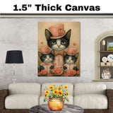 Mother Cat and Kittens in Playful Purple Outfits with Heart and Cat Patterns Whimsical Black and White Tuxedo Cat Family Portrait on Ready to Hang 1.5" Thick Canvas Wrap, Floating Framed Canvas, Flat Rolled Canvas