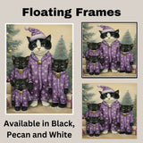Tuxedo Cat Family in Purple Snowflake Pajamas Surrounded by Christmas Trees and Gifts in a Cozy Winter Scene Full of Holiday Magic and Charm