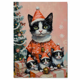 Tuxedo Cat Family in Green Santa Outfits with Christmas Gifts and Trees in a Magical Winter Scene with Sparkling Snowflakes and Festive Charm