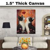 Charming Oil Painting of Mother Texudo Cat and Kittens in Blue Outfits with Red Hearts and Roses on Beige Background for Cat Lovers on Ready to Hang 1.5" Thick Canvas Wrap, Floating Framed Canvas, Flat Rolled Canvas