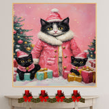 Tuxedo Cat Family in Pink Fur-Trimmed Coats and Santa Hats with Christmas Gifts and Trees in a Playful Holiday Scene with Snow and Cheer