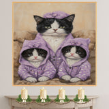 Mother Cat and Kittens in Purple Hoodies Tuxedo Cat Family Artwork Cozy Whimsical Style for Cat Lovers and Nursery Decor on Ready to Hang 1.5" Thick Canvas Wrap, Floating Framed Canvas, Flat Rolled Canvas