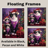Festive Tuxedo Cat Family in Santa Hats and Purple Outfits with Christmas Tree and Gifts in a Whimsical Holiday Setting