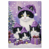 Tuxedo Cat Family in Pink Pajamas and Hats Standing by Christmas Trees and Gifts in a Cozy Festive Scene with Holiday Charm and Warmth