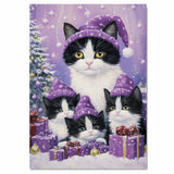 Tuxedo Cat Family in Pink Pajamas and Hats Standing by Christmas Trees and Gifts in a Cozy Festive Scene with Holiday Charm and Warmth