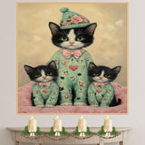Sweet Oil Painting of Mother Texudo Cat and Kittens in Pink Heart Pajamas with Beanies on Soft Beige Background for Cat Lovers and Nursery Decor on Ready to Hang 1.5" Thick Canvas Wrap, Floating Framed Canvas, Flat Rolled Canvas