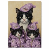 Tuxedo Cat Family in Blue Santa Outfits Surrounded by Snowy Trees and Gifts in a Magical Winter Wonderland Scene Full of Holiday Cheer