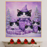 Tuxedo Cat Family in Orange Santa Outfits Surrounded by Gifts and Trees in a Warm Whimsical Christmas Scene Full of Holiday Spirit and Charm
