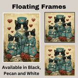 Mother Cat and Kittens in Teal Outfits with Red Hearts Whimsical Tuxedo Cat Family Artwork for Cat Lovers and Valentine's Decor on Ready to Hang 1.5" Thick Canvas Wrap, Floating Framed Canvas, Flat Rolled Canvas