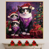 Festive Tuxedo Cat Family in Santa Hats and Purple Outfits with Christmas Tree and Gifts in a Whimsical Holiday Setting