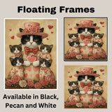 Mother Cat and Kittens in Elegant Purple Outfits with Heart Patterns and Roses Whimsical Black and White Tuxedo Cat Family Portrait on Ready to Hang 1.5" Thick Canvas Wrap, Floating Framed Canvas, Flat Rolled Canvas