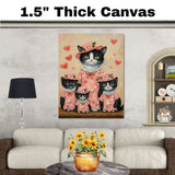 Sweet Oil Painting of Mother Texudo Cat and Sleeping Kittens in Pink Pajamas with Hearts and Roses on Soft Beige Background for Cat Lovers on Ready to Hang 1.5" Thick Canvas Wrap, Floating Framed Canvas, Flat Rolled Canvas