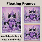 Tuxedo Cat Family in Orange Santa Outfits Surrounded by Gifts and Trees in a Warm Whimsical Christmas Scene Full of Holiday Spirit and Charm