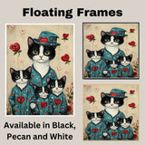 Oil Painting of Mother Texudo Cat and Kittens in Green Heart Pajamas on Beige Background for Cat Lovers and Nursery Pet Art Fans on Ready to Hang 1.5" Thick Canvas Wrap, Floating Framed Canvas, Flat Rolled Canvas