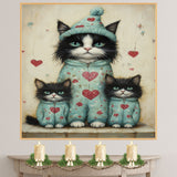 Elegant Oil Painting of Mother Texudo Cat and Kittens in Purple Outfits with Roses Hearts and Bows on Beige Background for Cat Lovers on Ready to Hang 1.5" Thick Canvas Wrap, Floating Framed Canvas, Flat Rolled Canvas