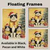 Tuxedo Cat Family in Purple Holiday Hats and Scarves with Christmas Tree and Gifts in a Magical Winter Scene Full of Cheer and Festive Sparkle