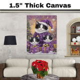 Adorable Tuxedo Cat Family in Matching Purple Pajamas and Hats with Floral Details in a Cozy Whimsical Scene Perfect for Cat Lovers
