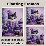 Tuxedo Cat Family in Elegant Purple Coats and Hats Surrounded by Christmas Gifts and Tree in a Magical Snowy Holiday Scene with Festive Sparkle