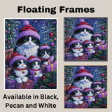 Tuxedo Cat Family in Red and Purple Santa Hats Surrounded by Gifts and Christmas Trees in a Vibrant Holiday Scene Full of Festive Lights and Cheer