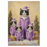 Tuxedo Cat Family in Pink Santa Outfits Surrounded by Christmas Gifts and Tree in a Whimsical Holiday Scene with Snowflakes and Festive Cheer