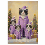 Tuxedo Cat Family in Pink Santa Outfits Surrounded by Christmas Gifts and Tree in a Whimsical Holiday Scene with Snowflakes and Festive Cheer