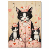 Mother Cat and Kittens Wearing Matching Blue Pajamas with Red Hearts and Flowers Black and White Tuxedo Cats on Ready to Hang 1.5" Thick Canvas Wrap, Floating Framed Canvas, Flat Rolled Canvas