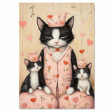 Mother Cat and Kittens Wearing Matching Blue Pajamas with Red Hearts and Flowers Black and White Tuxedo Cats on Ready to Hang 1.5" Thick Canvas Wrap, Floating Framed Canvas, Flat Rolled Canvas