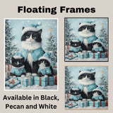 Tuxedo Cat Family in Light Pink Pajamas and Hats Surrounded by Christmas Gifts and Trees in a Heartwarming Winter Scene Full of Holiday Joy