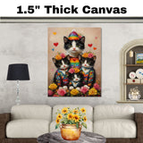 Mother Cat and Kittens in Black Outfits with Red and Pink Hearts Whimsical Black and White Tuxedo Cat Family Portrait with Roses on Ready to Hang 1.5" Thick Canvas Wrap, Floating Framed Canvas, Flat Rolled Canvas