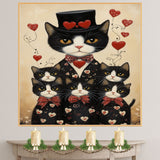 Mother Tuxedo Cat and Kittens in Yellow Heart Pajamas Black and White Cat Family Artwork for Cat Lovers on Ready to Hang 1.5" Thick Canvas Wrap, Floating Framed Canvas, Flat Rolled Canvas