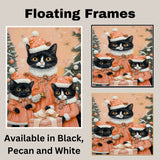 Tuxedo Cat Family in Orange Santa Outfits Holding Bells Surrounded by Holiday Trees and Gifts in a Cozy Christmas Scene with Warm Winter Tones