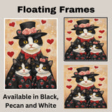 Mother Cat and Kittens in Black Heart Outfits Charming Tuxedo Cat Family Artwork for Valentine's Day and Cat Lovers Decor on Ready to Hang 1.5" Thick Canvas Wrap, Floating Framed Canvas, Flat Rolled Canvas
