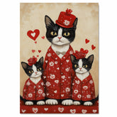 Mother Cat and Kittens in Red Outfits with Hearts Tuxedo Cat Family Artwork for Valentine's and Cat Lovers Decor on Ready to Hang 1.5" Thick Canvas Wrap, Floating Framed Canvas, Flat Rolled Canvas