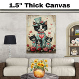 Mother Cat and Kittens in Teal Heart Outfits with Roses Whimsical Tuxedo Cat Family Artwork for Valentine's and Cat Lovers Decor on Ready to Hang 1.5" Thick Canvas Wrap, Floating Framed Canvas, Flat Rolled Canvas