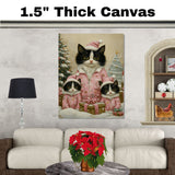 Tuxedo Cat Family in Pink Winter Pajamas and Santa Hats with Gifts and Trees in a Peaceful Snowy Christmas Scene Full of Whimsy and Warmth