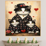 Festive Oil Painting of Mother Texudo Cat and Kittens in Rainbow Heart Pajamas and Party Hats on Light Background for Cat Lovers on Ready to Hang 1.5" Thick Canvas Wrap, Floating Framed Canvas, Flat Rolled Canvas
