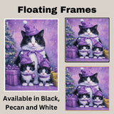 Tuxedo Cat Family in Yellow Starry Capes and Santa Hats Surrounded by Gifts and Christmas Tree in a Festive Holiday Scene Full of Cheer