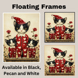 Mother Cat and Kittens in Red Heart Pajamas Tuxedo Cats with Roses Whimsical Vintage Style Artwork for Cat Lovers on Ready to Hang 1.5" Thick Canvas Wrap, Floating Framed Canvas, Flat Rolled Canvas