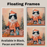 Tuxedo Cat Family in Lavender Pajamas Surrounded by Gifts and Christmas Trees in a Cozy Winter Scene with a Warm Holiday Atmosphere