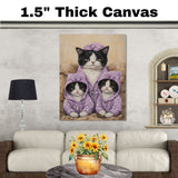 Mother Cat and Kittens in Purple Hoodies Tuxedo Cat Family Artwork Cozy Whimsical Style for Cat Lovers and Nursery Decor on Ready to Hang 1.5" Thick Canvas Wrap, Floating Framed Canvas, Flat Rolled Canvas
