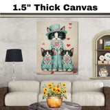 Charming Mother Cat with Kittens in Pink Floral Outfits Whimsical Tuxedo Cat Art for Nursery and Cat Lovers on Ready to Hang 1.5" Thick Canvas Wrap, Floating Framed Canvas, Flat Rolled Canvas