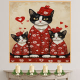 Mother Cat and Kittens in Red Outfits with Hearts Tuxedo Cat Family Artwork for Valentine's and Cat Lovers Decor on Ready to Hang 1.5" Thick Canvas Wrap, Floating Framed Canvas, Flat Rolled Canvas