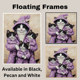 Mother Cat and Kittens in Purple Heart Pajamas Whimsical Tuxedo Cat Family Artwork for Cozy Decor and Cat Lovers Gift Ideas on Ready to Hang 1.5" Thick Canvas Wrap, Floating Framed Canvas, Flat Rolled Canvas